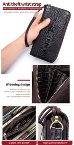 Genuine leather long wallet for women with crocodile pattern, card slots and wrist strap.