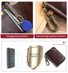 Detail view showing hanging hole, metal hardware, and RFID anti-theft lining of the wallet.