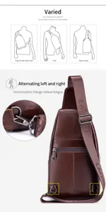 Men genuine leather chest bag casual sling crossbody bag with adjustable strap and metal hardware