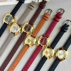 Detailed showcase of women vintage small square quartz watches with various slim leather straps.