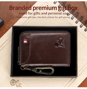 Genuine leather car key case wallet coin purse with metal hook and zipper closure detail.