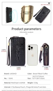 Genuine leather long wallet with crocodile pattern, zip closure and card slots for men.