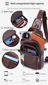 Men leather chest bag multi compartment casual sling bag large capacity shoulder daypack