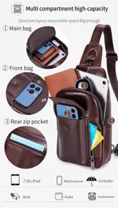 Men genuine leather chest bag multi compartment casual sling bag daily crossbody bag for men