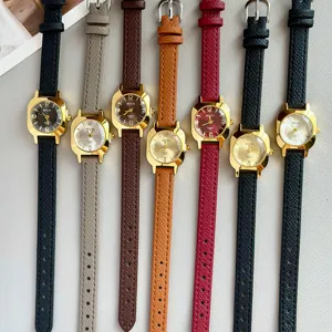 MICAI small square dial women watch vintage quartz timepiece with slim textured leather strap.