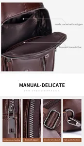 Men leather chest bag detail view showing inner zip pocket and premium metal hardware components.