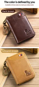 Genuine leather car key bag wallet with metal hook zipper closure and stylish lion design.