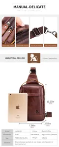 Leather chest bag detail view, zipper quality, adjustable shoulder strap and dimension specs.