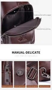 Detailed view of genuine leather chest sling bag showing high-quality hardware and zippers.