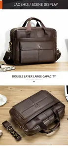 Herren Echter Leder Business Aktentasche, doppelte Schicht Laptop Umhängetasche mit Schultergurt.