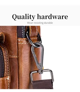 Men vintage genuine leather shoulder bag detail shot showing durable metal hardware and stitching.