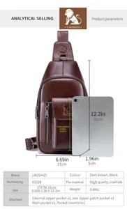 Detailed view of genuine leather men's chest bag showing size dimensions and structure.