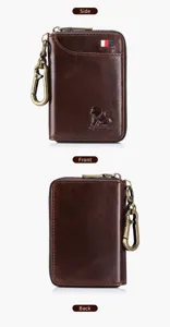 Genuine leather car key case vintage brown zipper wallet with metal hook and card holder