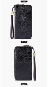 Genuine leather long zipper wallet with crocodile pattern and wrist strap for men and women.