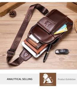 Men genuine leather chest bag stylish sling crossbody bag for daily casual and business use.