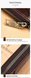 Leather key wallet detail close-up, showing smooth metal zipper and retro metal plaque craftsmanship.