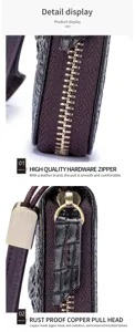 Close up detail of premium leather wallet zipper and metal pull head texture display.