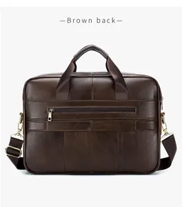 Braune Aktentasche aus echtem Leder im Detail, Business Laptoptasche mit Schultergurt für Herren.