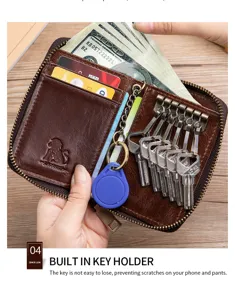 Close-up detail of genuine leather key holder wallet showing interior card slots and keys.