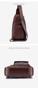 Genuine leather men chest bag casual brown sling bag with adjustable strap and zip pocket.