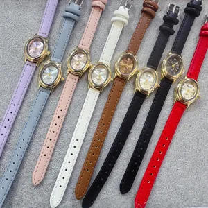 Kloris dames ovaal quartz horloge met slanke lederen band, vintage kleine wijzerplaat.
