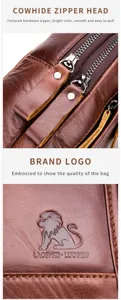 Close-up detail of premium cowhide leather men bag showing textured zipper and embossed logo.