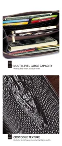 Genuine leather long wallet with crocodile texture, multi-level large capacity design.