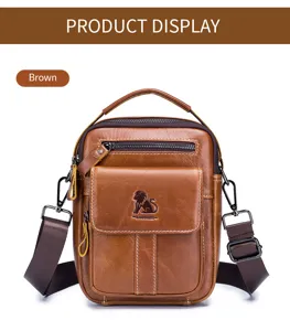 Men genuine leather crossbody bag vintage vertical shoulder bag casual small messenger bag