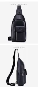 Men genuine leather chest bag casual single shoulder crossbody bag black color with multi pockets.