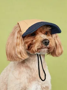 Nahaufnahme eines Hunde-Sonnenhuts mit khaki Krone, marineblauer Krempe und Kordel.