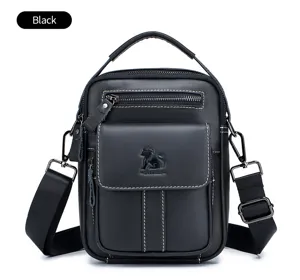 Black leather mens crossbody bag detail view, showing front pocket and metal zipper craftsmanship.