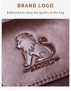Genuine cowhide leather chest bag detail, embossed lion logo craftsmanship, premium texture.
