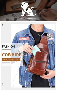 Genuine leather men sling chest bag with USB charging port, vintage cowhide crossbody daypack.
