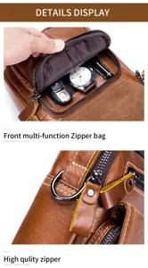 Detailed view of the mens vintage leather crossbody bag featuring multi-function zipper pocket.