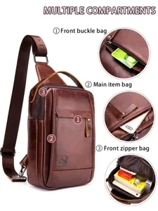 Vintage genuine leather chest bag for men, multi-compartment casual crossbody shoulder backpack.