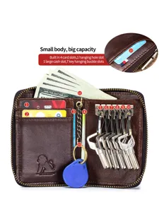 Genuine leather car key wallet with multiple card slots, large cash pocket and key hooks.
