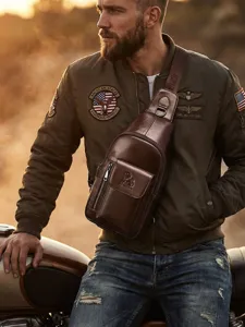 Men genuine leather chest bag vintage sling shoulder crossbody daypack for outdoor daily use.