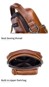 Men genuine leather shoulder bag detail shot showing neat stitching and metal D-ring.
