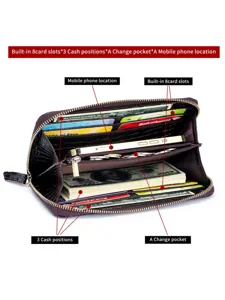 Genuine Leather Long Wallet Crocodile Pattern Zip Clutch Card Holder With Multi Slots