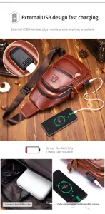 Genuine leather men's chest bag detail showing external USB fast charging port and spacious capacity.