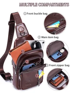 Men genuine leather chest sling bag casual vintage brown cross body shoulder bag with multiple compartments