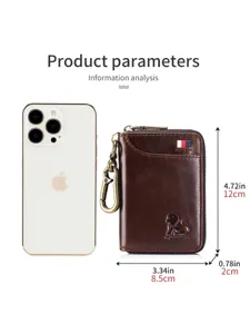 Genuine leather car key holder wallet with metal hook and zipper closure size guide main view