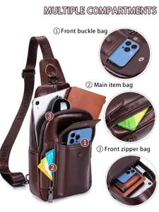 Men's genuine leather sling bag multi-compartment casual chest shoulder crossbody bag for daily use