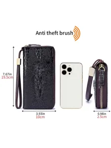 Genuine leather long crocodile pattern zipper wallet clutch with RFID anti-theft protection.