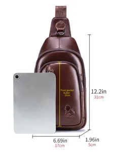 Men's brown genuine leather chest bag casual sling shoulder daypack with size reference.