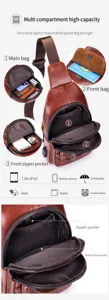 Men's leather sling chest bag with multi-compartment large capacity and USB port design.