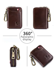 Genuine leather key wallet multi-angle display coin purse with metal keychain hook brown