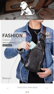 Borsa da petto da uomo in vera pelle con motivo coccodrillo e porta di ricarica USB.