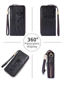 Genuine leather long wallet with crocodile pattern, zip-around closure and wrist strap.