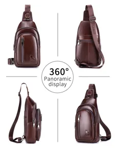 Men genuine leather chest bag vintage brown sling shoulder backpack casual crossbody bag.